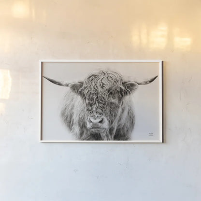 Highland in the Winter Fog BW by Nathan Larson. shown as a paper print in a white frame. Available as a archival giclee rolled canvas, fine art paper, or poster print. SKU 77566i.