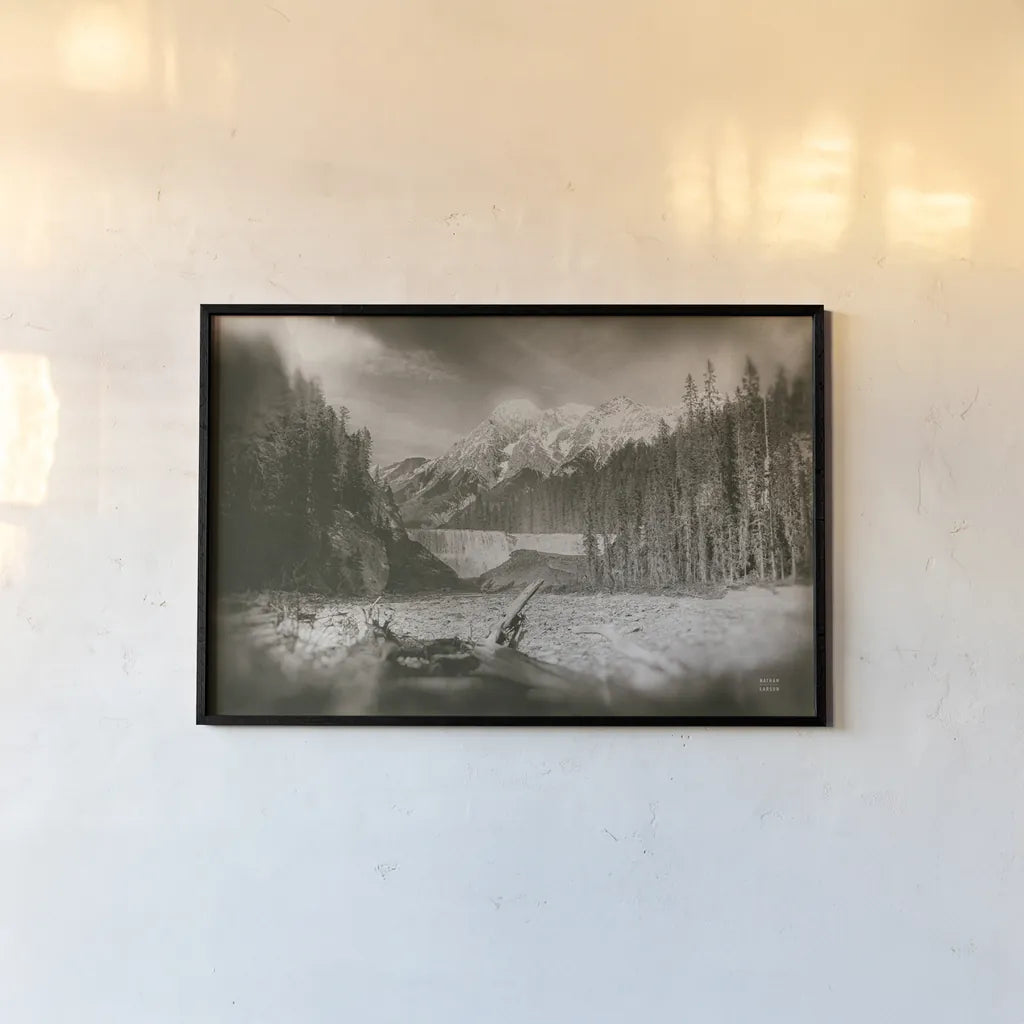 Hike to the Falls by Nathan Larson. shown as a paper print in a black flame. Available as a archival giclee rolled canvas, fine art paper, or poster print. SKU 82411i.