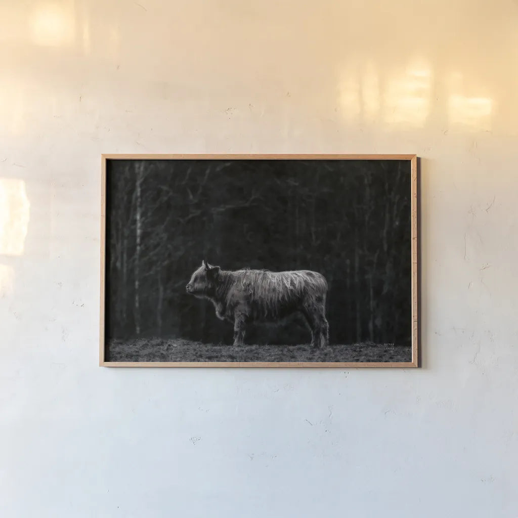 Hill Top Highland BW by Nathan Larson. shown as a paper print in a natural frame. Available as a archival giclee rolled canvas, fine art paper, or poster print. SKU 89479i.