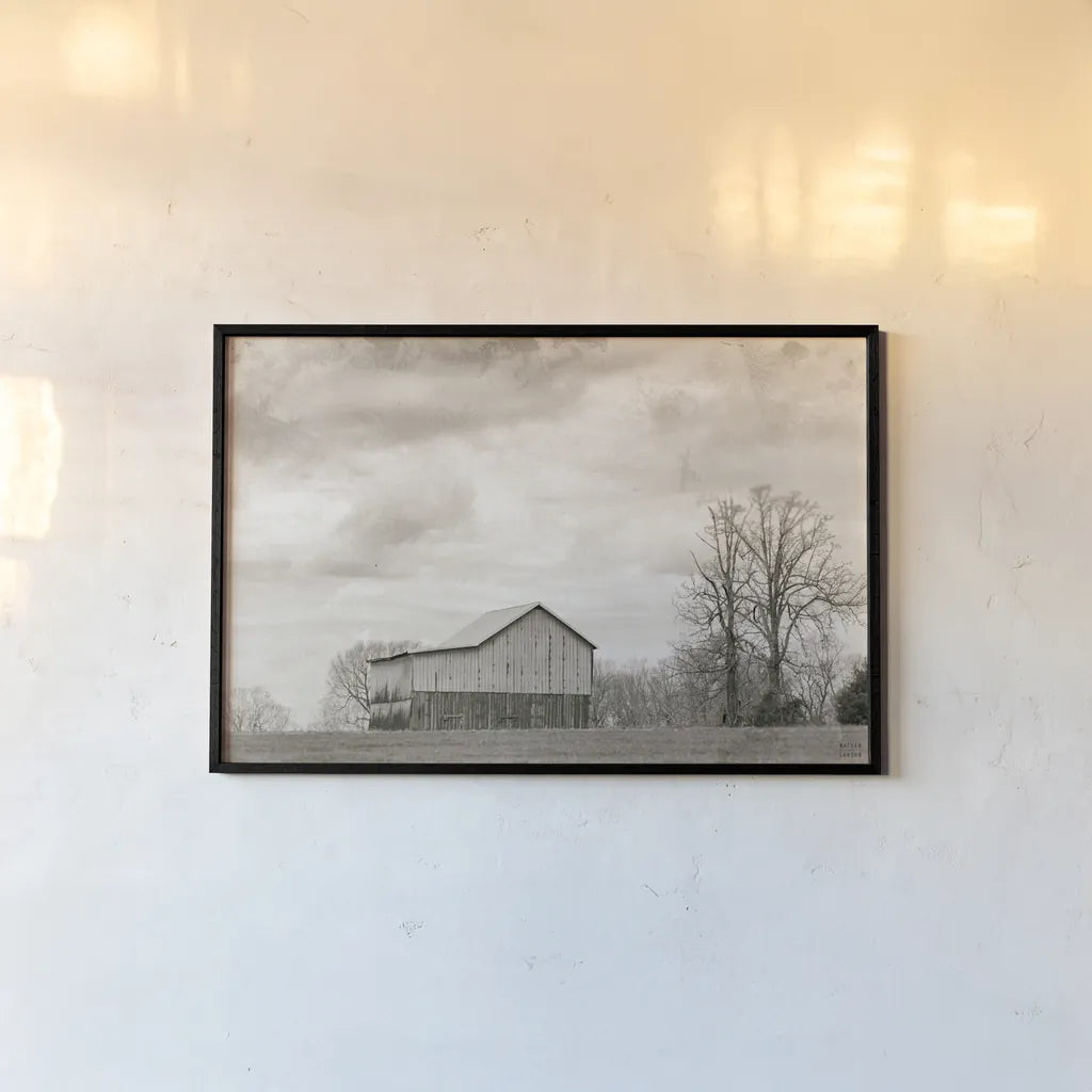 Hilltop Barn View by Nathan Larson. shown as a paper print in a black flame. Available as a archival giclee rolled canvas, fine art paper, or poster print. SKU 98029i.