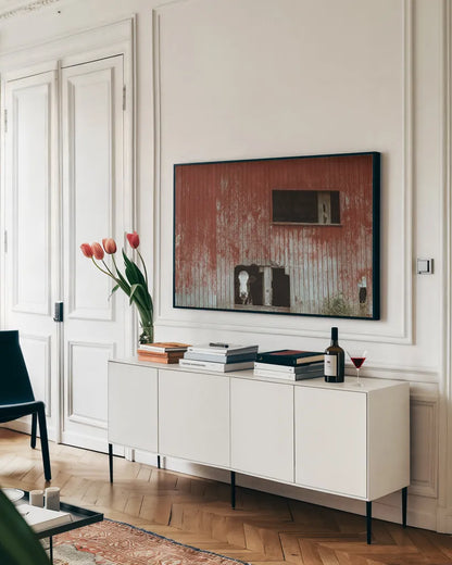 Hole in the Wall by Nathan Larson. shown as a framed stretched canvas in a living room above a console. Available as a archival giclee rolled canvas, fine art paper, or poster print. SKU 89480i.