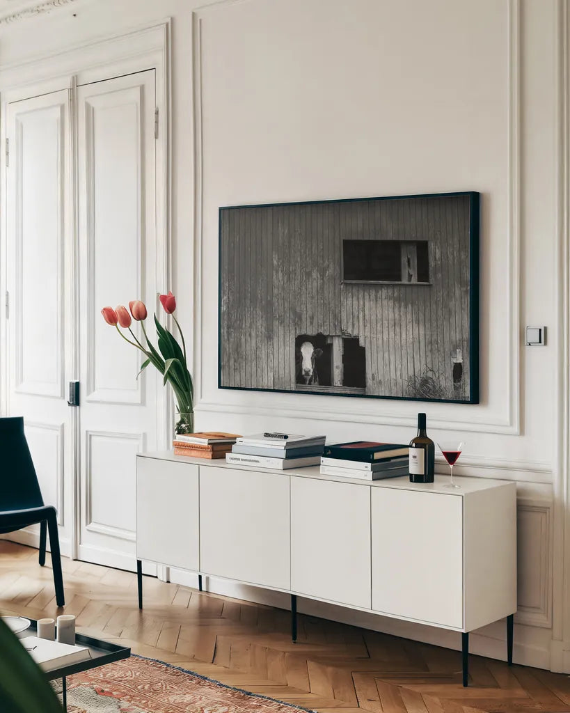 Hole in the Wall II by Nathan Larson. shown as a framed stretched canvas in a living room above a console. Available as a archival giclee rolled canvas, fine art paper, or poster print. SKU 89481i.