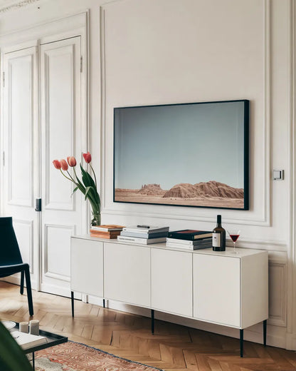 Homeland I by Nathan Larson. shown as a framed stretched canvas in a living room above a console. Available as a archival giclee rolled canvas, fine art paper, or poster print. SKU 86710i.