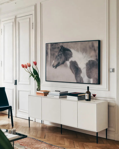 Horse Profile Tones by Nathan Larson. shown as a framed stretched canvas in a living room above a console. Available as a archival giclee rolled canvas, fine art paper, or poster print. SKU 89461i.
