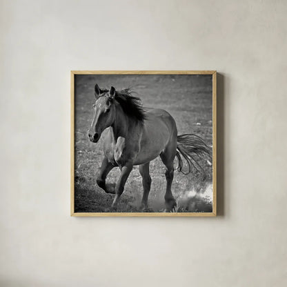 Horse Runner by Nathan Larson. Shown in a natural wood glass frame for a timeless modern aesthetic. Available as an archival giclee rolled canvas, fine art paper, or poster print. SKU 76536a.