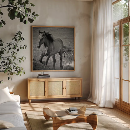Horse Runner by Nathan Larson. Shown in a natural wood frame in a cozy modern living room. Available as an archival giclee rolled canvas, fine art paper, or poster print. SKU 76536a.