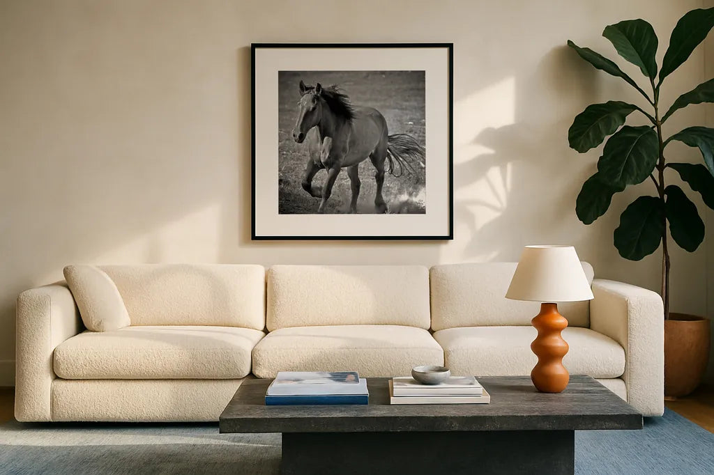Horse Runner by Nathan Larson. Displayed in a glass frame with matte in a clean modern living room. Available as an archival giclee rolled canvas, fine art paper, or poster print. SKU 76536a.
