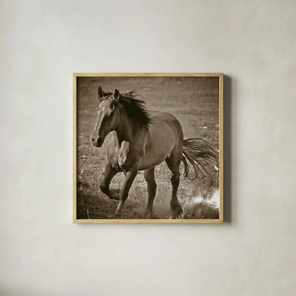 Horse Runner Sepia by Nathan Larson. Shown in a natural wood glass frame for a timeless modern aesthetic. Available as an archival giclee rolled canvas, fine art paper, or poster print. SKU 79221a.