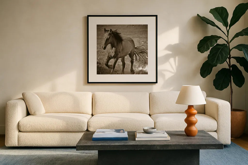 Horse Runner Sepia by Nathan Larson. Displayed in a glass frame with matte in a clean modern living room. Available as an archival giclee rolled canvas, fine art paper, or poster print. SKU 79221a.