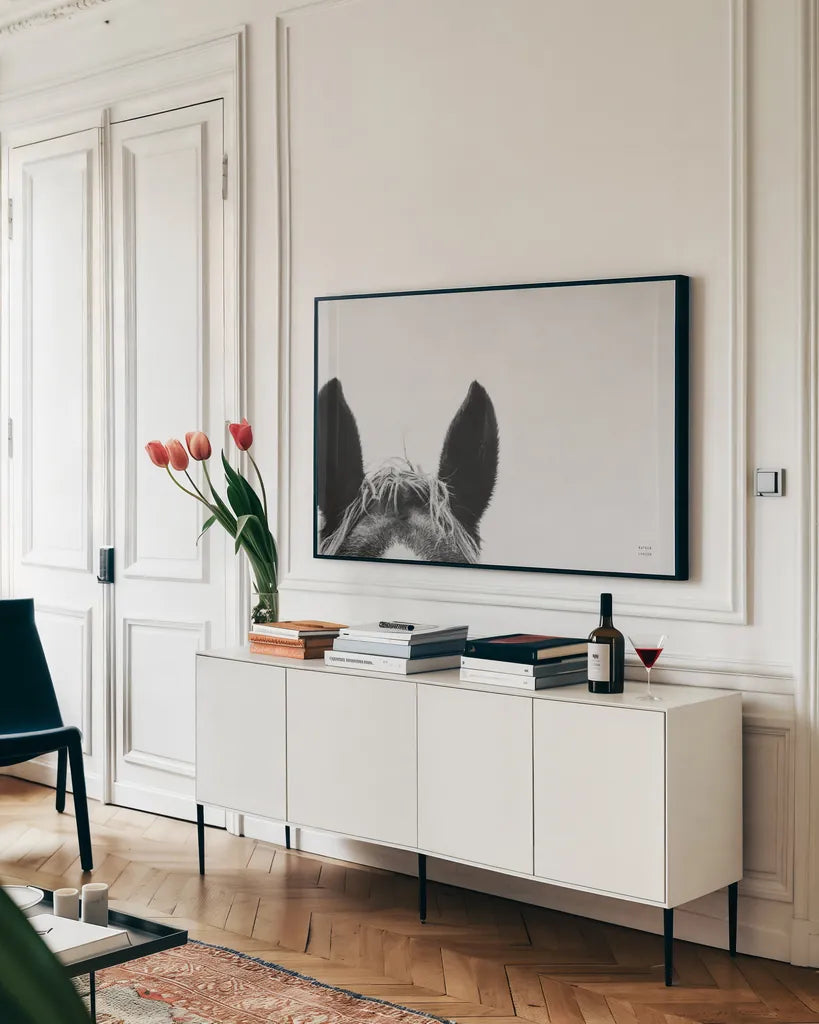 Horse Study I by Nathan Larson. shown as a framed stretched canvas in a living room above a console. Available as a archival giclee rolled canvas, fine art paper, or poster print. SKU 86413i.
