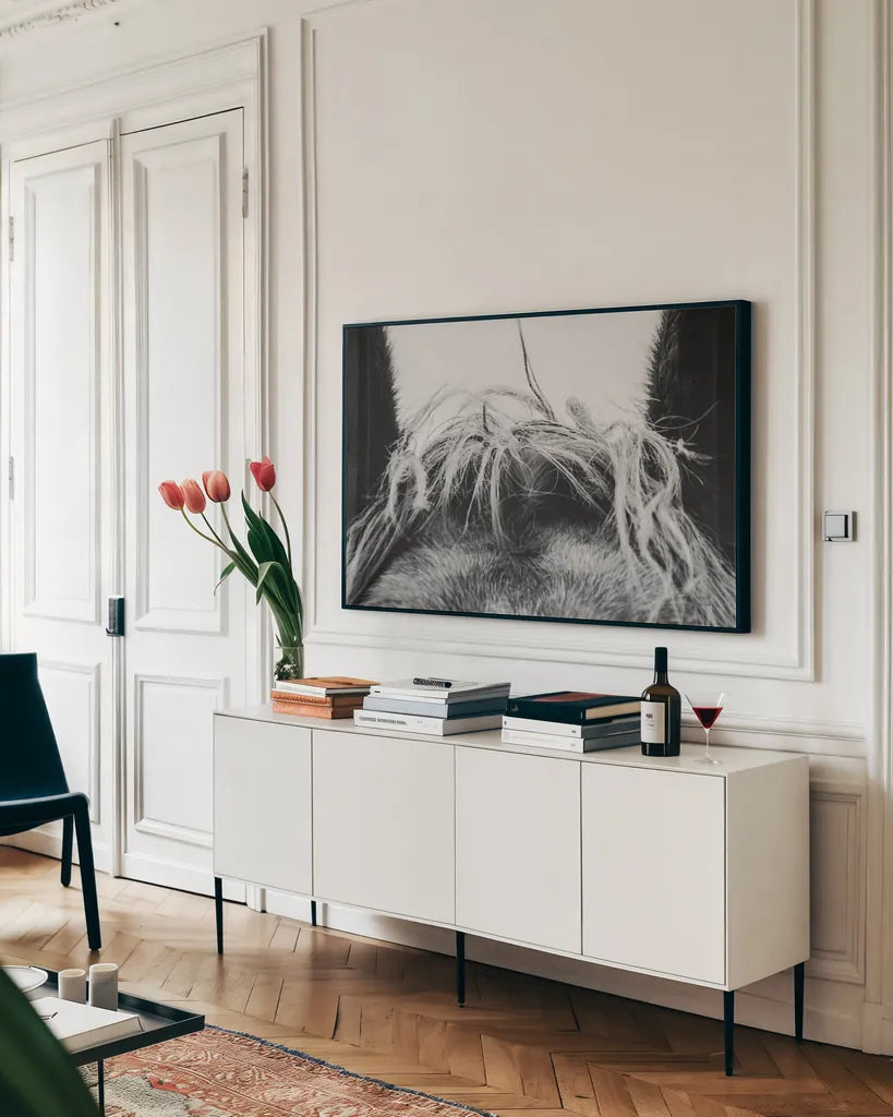 Horse Study II by Nathan Larson. shown as a framed stretched canvas in a living room above a console. Available as a archival giclee rolled canvas, fine art paper, or poster print. SKU 86414i.