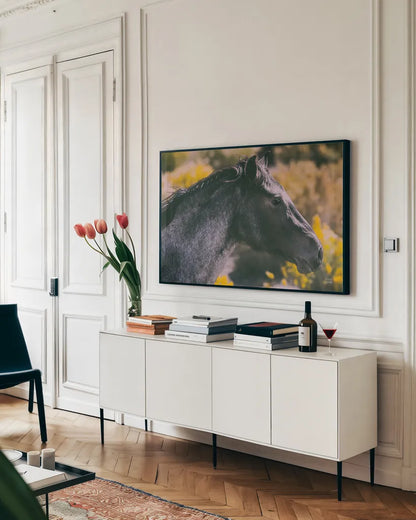 In a Field of Yellow by Nathan Larson. shown as a framed stretched canvas in a living room above a console. Available as a archival giclee rolled canvas, fine art paper, or poster print. SKU 96204i.