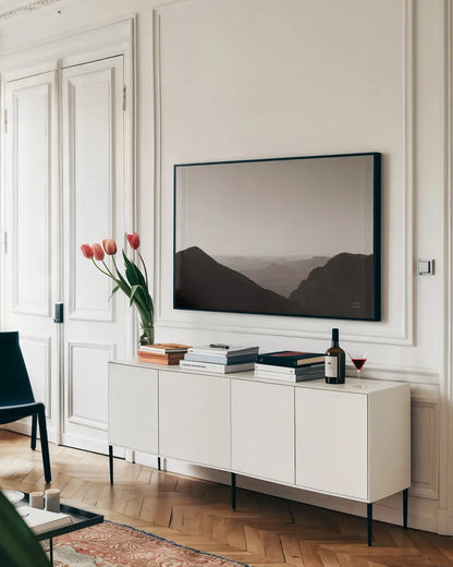 Into the Country by Nathan Larson. shown as a framed stretched canvas in a living room above a console. Available as a archival giclee rolled canvas, fine art paper, or poster print. SKU 86075i.