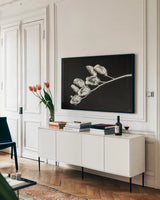 Invasive Beauty Redux BW I by Nathan Larson. shown as a framed stretched canvas in a living room above a console. Available as a archival giclee rolled canvas, fine art paper, or poster print. SKU 103186i.
