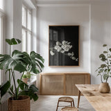 Invasive Beauty Redux BW III by Nathan Larson. shown as a print in a natural wood frame in a dining room. Available as a archival giclee rolled canvas, fine art paper, or poster print. SKU 103188h.