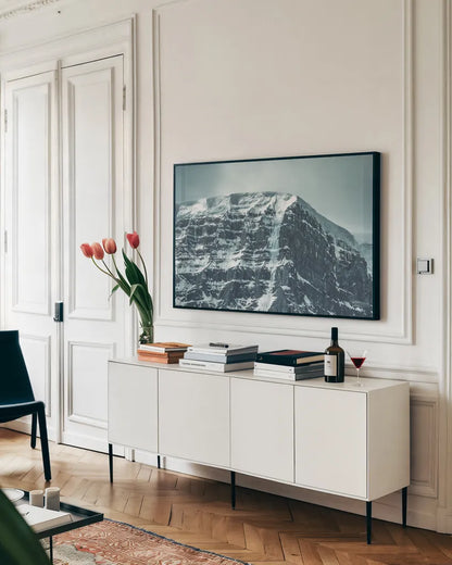 Jasper Mountain Series III by Nathan Larson. shown as a framed stretched canvas in a living room above a console. Available as a archival giclee rolled canvas, fine art paper, or poster print. SKU 93980i.