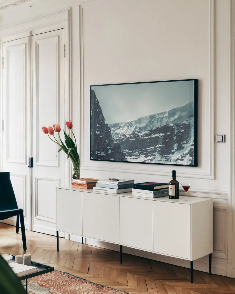 Jasper Mountain Series IV by Nathan Larson. shown as a framed stretched canvas in a living room above a console. Available as a archival giclee rolled canvas, fine art paper, or poster print. SKU 93981i.