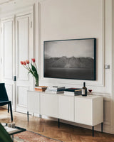 Kenai Lake by Nathan Larson. shown as a framed stretched canvas in a living room above a console. Available as a archival giclee rolled canvas, fine art paper, or poster print. SKU 99780i.