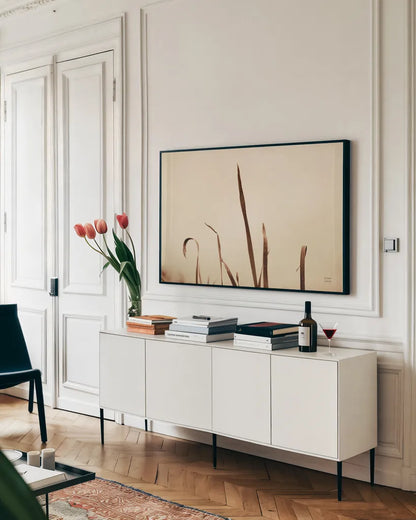Lakeside Grasses II by Nathan Larson. shown as a framed stretched canvas in a living room above a console. Available as a archival giclee rolled canvas, fine art paper, or poster print. SKU 76209i.