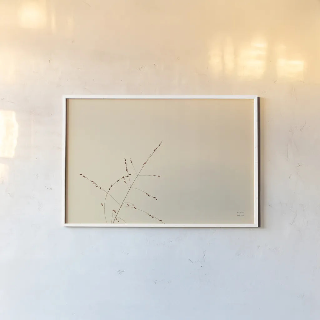 Lakeside Grasses III by Nathan Larson. shown as a paper print in a white frame. Available as a archival giclee rolled canvas, fine art paper, or poster print. SKU 76210i.