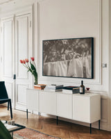 Laundry Day I Neutral by Nathan Larson. shown as a framed stretched canvas in a living room above a console. Available as a archival giclee rolled canvas, fine art paper, or poster print. SKU 99411i.
