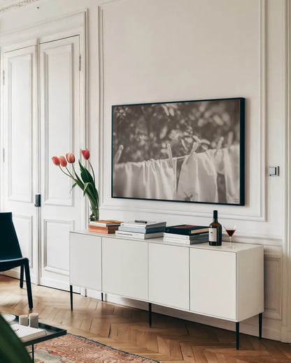 Laundry Day I Neutral by Nathan Larson. shown as a framed stretched canvas in a living room above a console. Available as a archival giclee rolled canvas, fine art paper, or poster print. SKU 99411i.