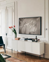 Laundry Day II Neutral by Nathan Larson. shown as a framed stretched canvas in a living room above a console. Available as a archival giclee rolled canvas, fine art paper, or poster print. SKU 99412i.