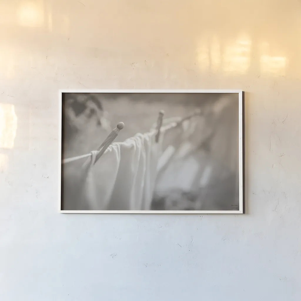 Laundry Day II Neutral by Nathan Larson. shown as a paper print in a white frame. Available as a archival giclee rolled canvas, fine art paper, or poster print. SKU 99412i.