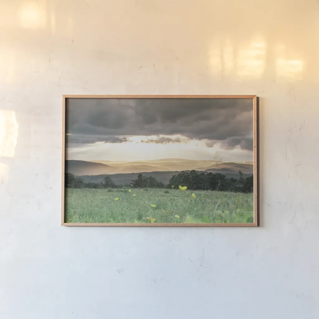 Laying in the Flowers by Nathan Larson. shown as a paper print in a natural frame. Available as a archival giclee rolled canvas, fine art paper, or poster print. SKU 71622i.