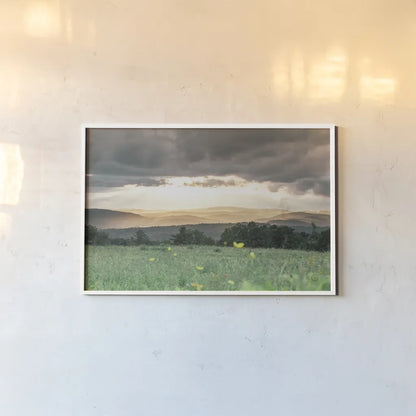 Laying in the Flowers by Nathan Larson. shown as a paper print in a white frame. Available as a archival giclee rolled canvas, fine art paper, or poster print. SKU 71622i.