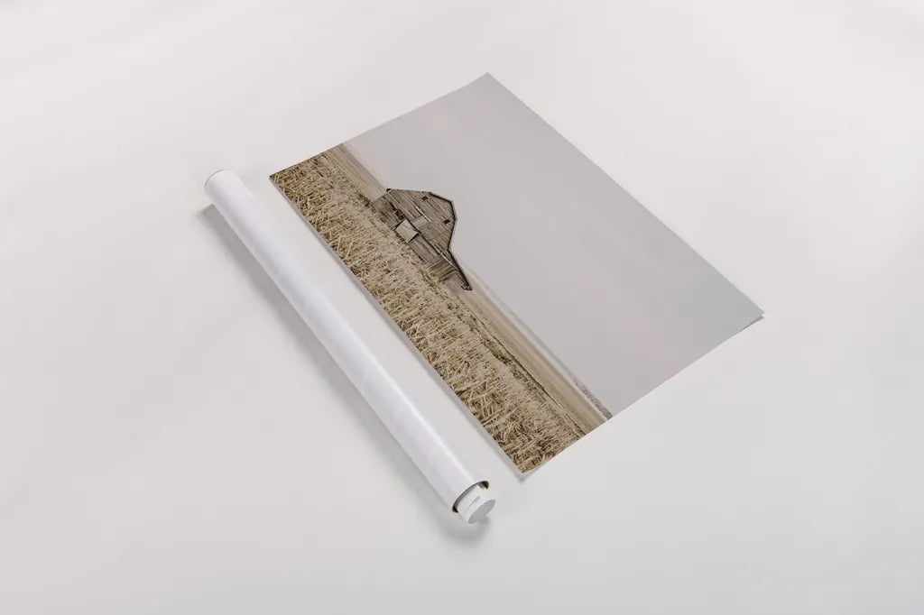 Leaning Barn by Nathan Larson. shown as a rolled paper print. Available as archival giclee rolled canvas, fine art paper, or poster print. SKU 86062i.