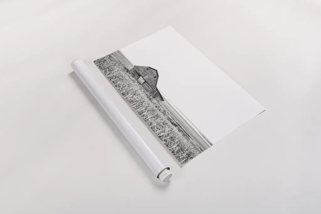 Leaning Barn BW by Nathan Larson. shown as a rolled paper print. Available as archival giclee rolled canvas, fine art paper, or poster print. SKU 86064i.