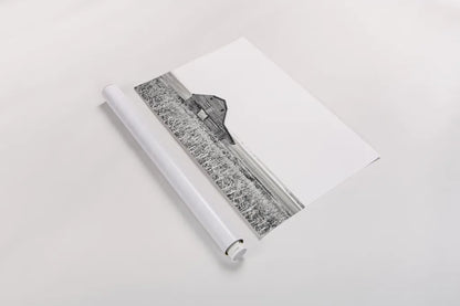 Leaning Barn BW by Nathan Larson. shown as a rolled paper print. Available as archival giclee rolled canvas, fine art paper, or poster print. SKU 86064i.