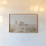 Leaning Barn Field I by Nathan Larson. shown as a paper print in a natural frame. Available as a archival giclee rolled canvas, fine art paper, or poster print. SKU 86060i.