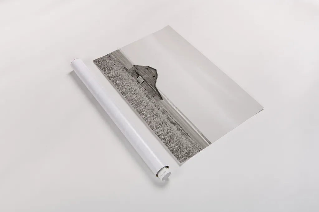 Leaning Barn Neutral by Nathan Larson. shown as a rolled paper print. Available as archival giclee rolled canvas, fine art paper, or poster print. SKU 86063i.