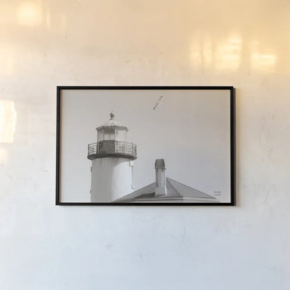 Lighthouse Fly Over by Nathan Larson. shown as a paper print in a black flame. Available as a archival giclee rolled canvas, fine art paper, or poster print. SKU 87193i.