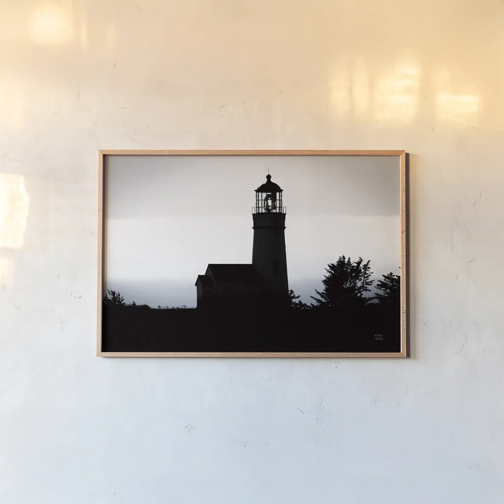 Lighthouse Forest by Nathan Larson. shown as a paper print in a natural frame. Available as a archival giclee rolled canvas, fine art paper, or poster print. SKU 90174i.