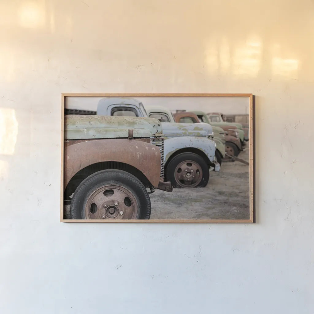 Line Up by Nathan Larson. shown as a paper print in a natural frame. Available as a archival giclee rolled canvas, fine art paper, or poster print. SKU 87721i.