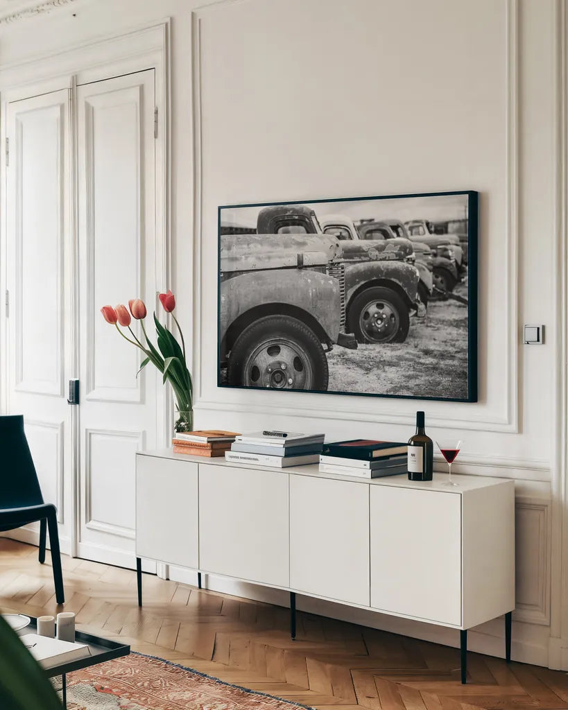 Line Up BW by Nathan Larson. shown as a framed stretched canvas in a living room above a console. Available as a archival giclee rolled canvas, fine art paper, or poster print. SKU 87723i.