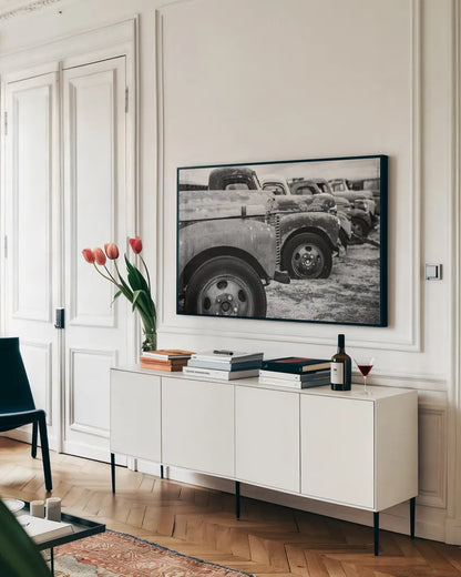 Line Up BW by Nathan Larson. shown as a framed stretched canvas in a living room above a console. Available as a archival giclee rolled canvas, fine art paper, or poster print. SKU 87723i.