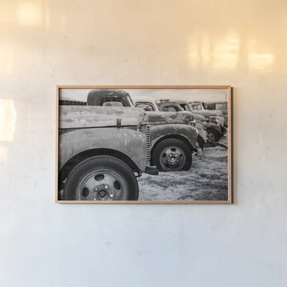 Line Up BW by Nathan Larson. shown as a paper print in a natural frame. Available as a archival giclee rolled canvas, fine art paper, or poster print. SKU 87723i.