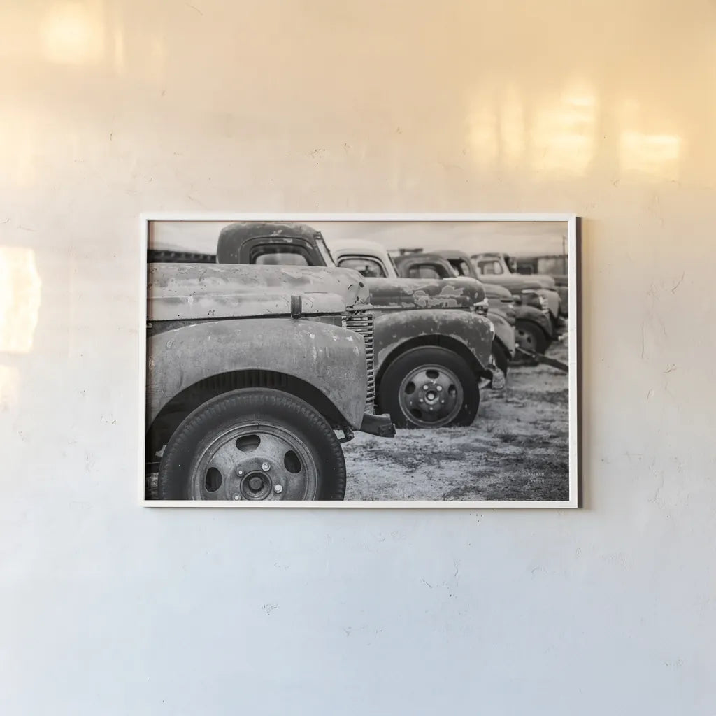Line Up BW by Nathan Larson. shown as a paper print in a white frame. Available as a archival giclee rolled canvas, fine art paper, or poster print. SKU 87723i.