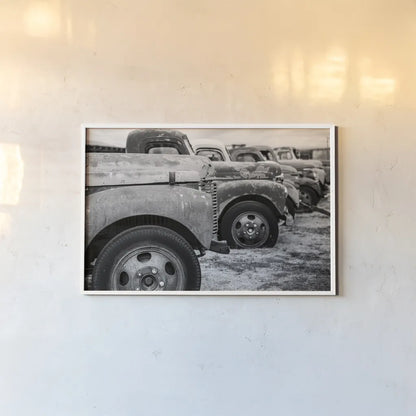 Line Up BW by Nathan Larson. shown as a paper print in a white frame. Available as a archival giclee rolled canvas, fine art paper, or poster print. SKU 87723i.