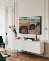 Line Up Bright by Nathan Larson. shown as a framed stretched canvas in a living room above a console. Available as a archival giclee rolled canvas, fine art paper, or poster print. SKU 87722i.