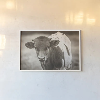 Little Longhorn Sepia by Nathan Larson. shown as a paper print in a white frame. Available as a archival giclee rolled canvas, fine art paper, or poster print. SKU 92467i.