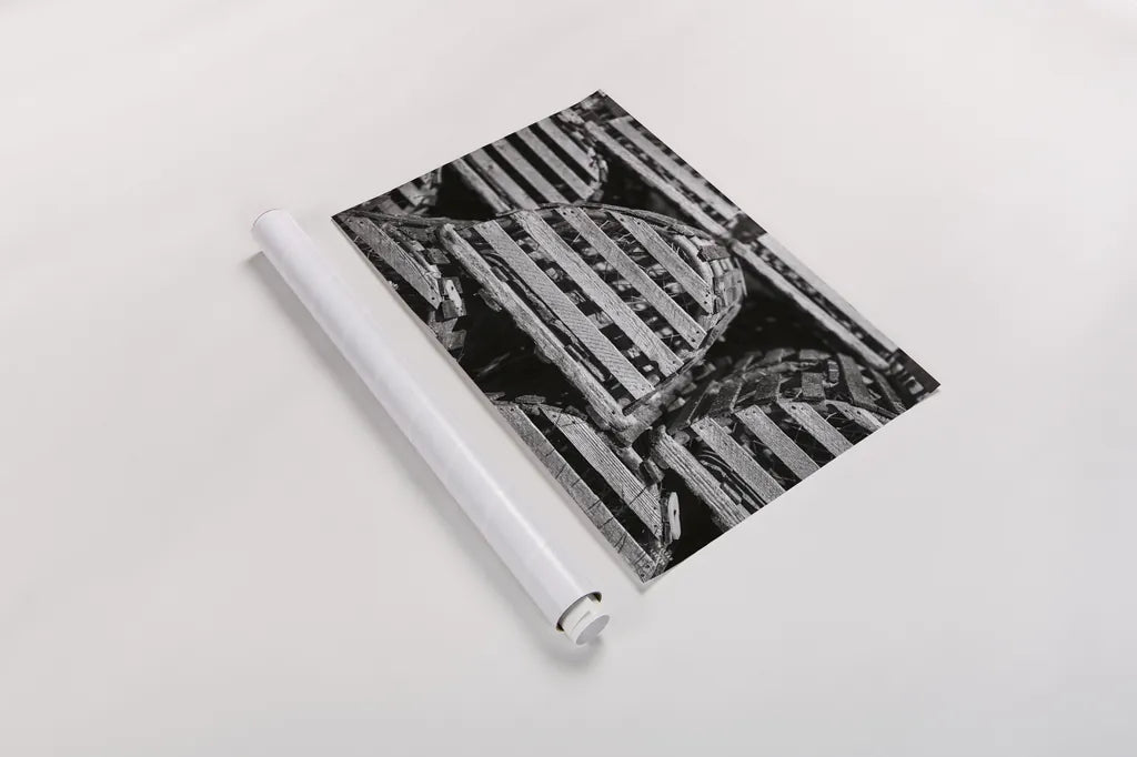 Lobster Traps by Nathan Larson. shown as a rolled paper print. Available as archival giclee rolled canvas, fine art paper, or poster print. SKU 102032i.