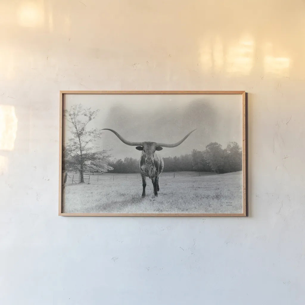 Longhorn Backlit Aged by Nathan Larson. shown as a paper print in a natural frame. Available as a archival giclee rolled canvas, fine art paper, or poster print. SKU 91373i.