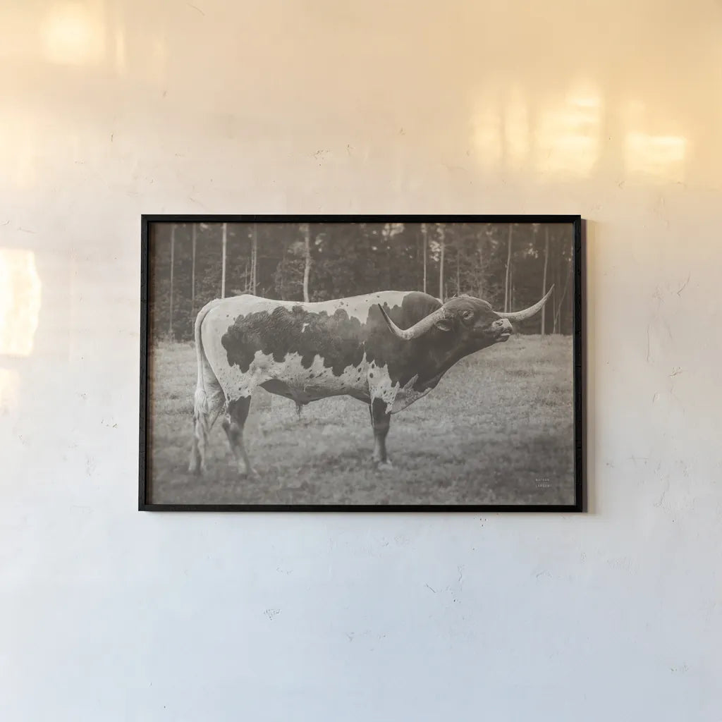 Longhorn Bull Sepia by Nathan Larson. shown as a paper print in a black flame. Available as a archival giclee rolled canvas, fine art paper, or poster print. SKU 93355i.