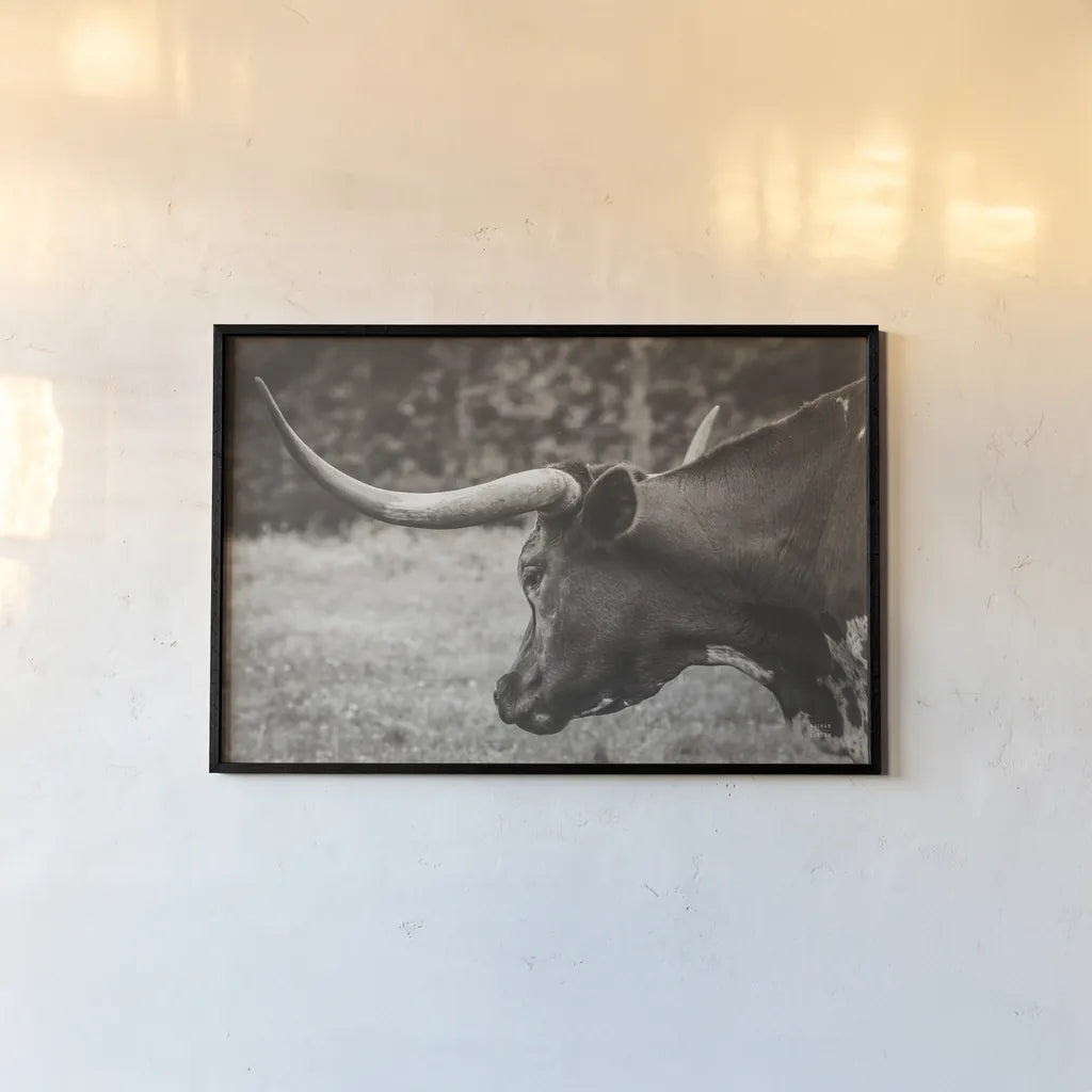 Longhorn Evening Sepia by Nathan Larson. shown as a paper print in a black flame. Available as a archival giclee rolled canvas, fine art paper, or poster print. SKU 91379i.