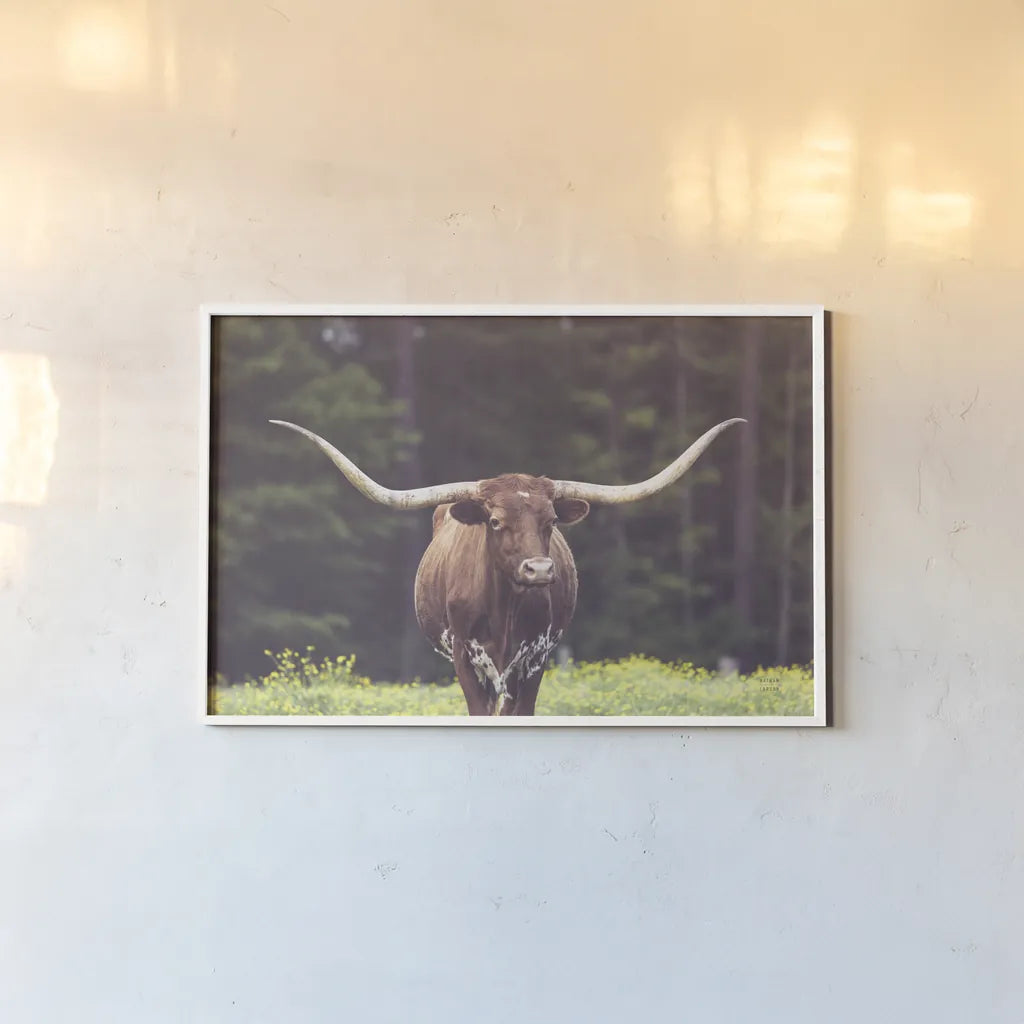 Longhorn Flowers by Nathan Larson. shown as a paper print in a white frame. Available as a archival giclee rolled canvas, fine art paper, or poster print. SKU 91518i.